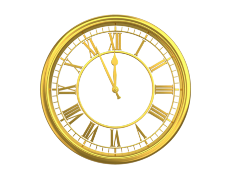 A 3D analog clock, hands at midnight, gold, isolated on transparent background, PNG - Powered by Adobe