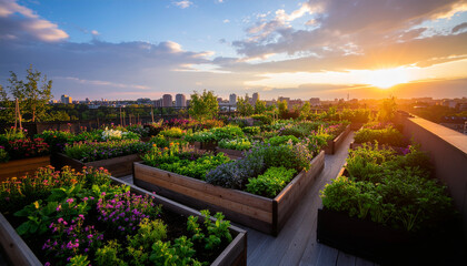 Lush Rooftop Garden with Variety of Herbs and Flowers at Sunset