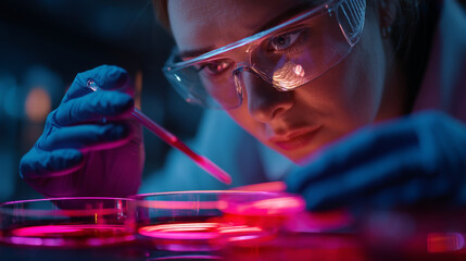 Woman in lab coat and safety glasses using a pipette with petri dishes illuminated by red light