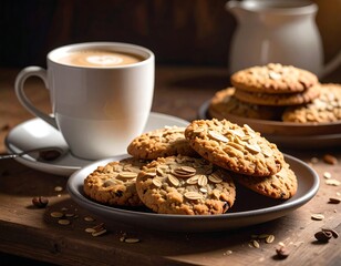 A cozy still life showcases a cup of coffee and a plate of oatmeal cookies, with a pitcher nearby on a wooden table