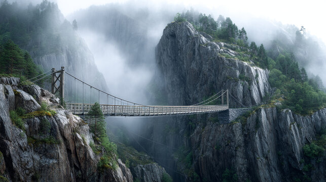 Suspension bridge spanning a foggy mountain landscape with rocky cliffs