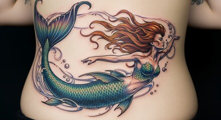 Colorful Mermaid Tattoo on Human Abdomen with Flowing Hair and Ocean Elements