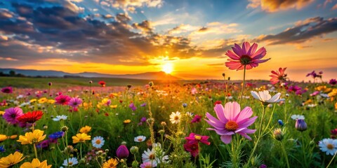 Vibrant flowers blooming in a lush green meadow at sunset