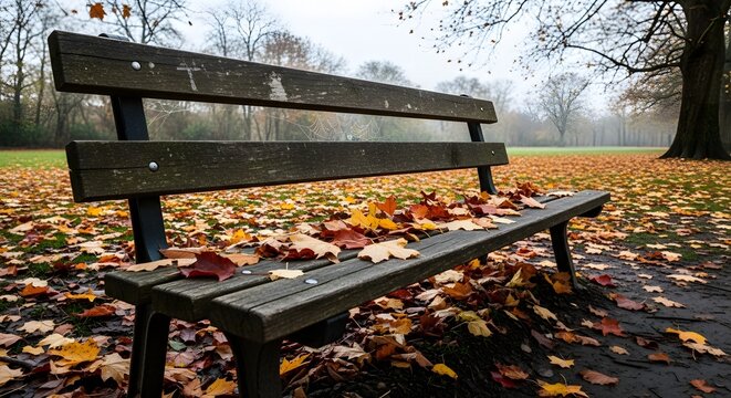 A weathered wooden park bench covered in fallen autumn leaves, set against a backdrop of a misty park with trees and scattered foliage.