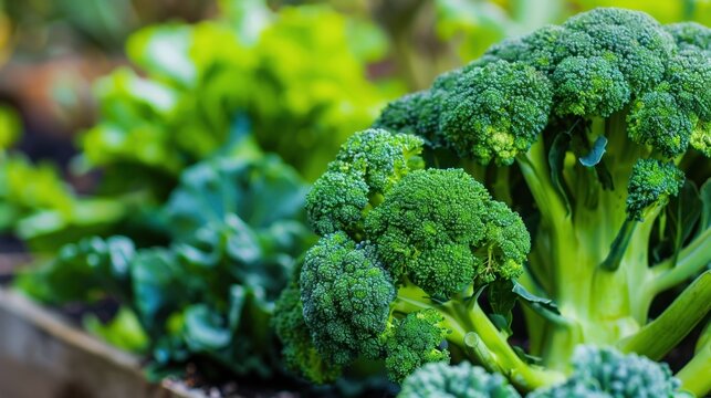 Fresh green broccoli and leafy greens growing in a garden. The vegetables are vibrant and healthy, showcasing organic farming practices.