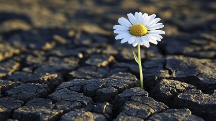 Daisy flower blooming from dry cracked soil symbolizing hope and soul rebirth