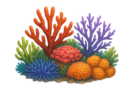 Colorful coral reef illustration with various undersea organisms thriving on the ocean floor, transparent background