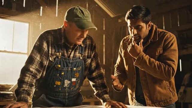 Farmers Discussing Weather Patterns Under Cinematic Side Lighting with Authentic Rural Realism