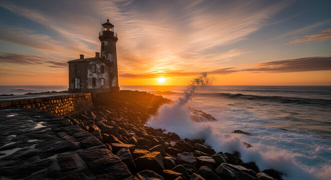 Lighthouse at sunset with ocean waves crashing on the rocky shore and a dramatic sky above it all