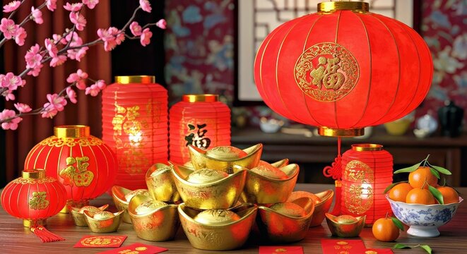 Chinese New Year Decor With Red Lanterns Golden Ingots Number 8 Oranges Red Envelopes