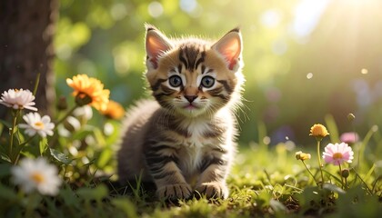 Fototapeta premium A cute, wide-eyed kitten sits in sunlit grass surrounded by wildflowers, with bokeh effect and a natural, outdoor scene