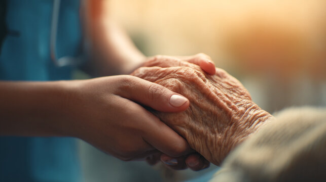 A young hand gently holding the wrinkled hand of an elderly person in a caring gesture