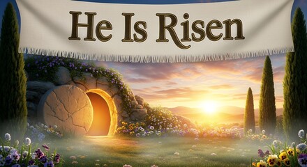 Sunrise Over Scenic Garden with Large Banner Saying He Is Risen in Elegant Style