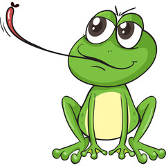 Green Cartoon Frog with Long Tongue Reaching for a Fly Against a Transparent Background