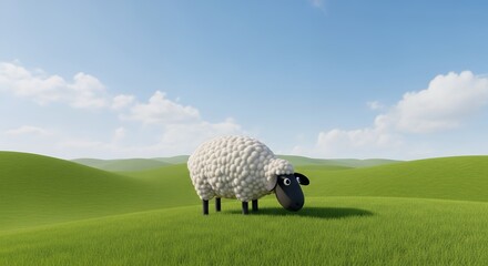 Cute Cartoon Sheep Standing on Green Hills Under Blue Sky in Natural Landscape