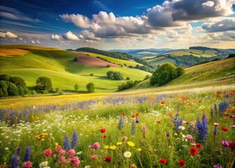 Rolling hills with wildflowers in the countryside