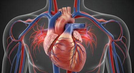 Detailed Digital Illustration of Human Heart with Arteries and Veins in Anatomical Style