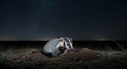 Badger Digging in Soil Under Starry Night Sky in Natural Landscape
