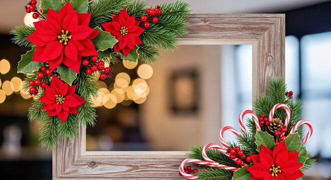 Festive Christmas Poinsettia Arrangement With Wooden Frame Candy Canes Holiday Lights