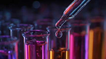 Close up of a pipette dripping liquid into a test tube with colored liquid inside them