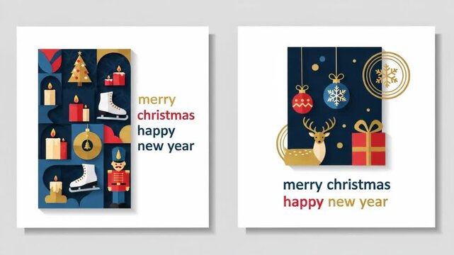 Festive Christmas and New Year Greeting Cards with Holiday Icons.