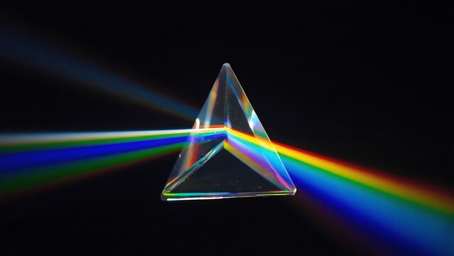 Prism dispersing light into its constituent colors, creating a vibrant rainbow against a stark black background.