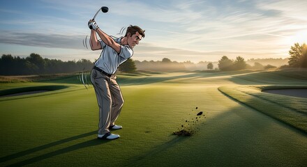 Male Golfer Swinging Club on Green Golf Course During Sunset