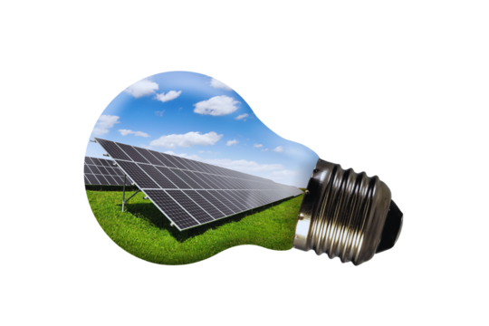 Solar Energy Concept Light Bulb Filled with Solar Panels under a Blue Sky