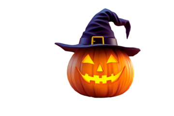 A smiling jack-o'-lantern wearing a witch's hat, embodying the festive, spooky spirit of Halloween and autumn celebrations. Perfect for holiday designs