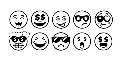 Black Doodle Emoji Faces with Transparent Background