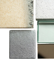 Assorted material samples, layered abstractly