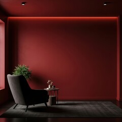 Monochromatic maroon interior, spotlight illumination and modern living room design