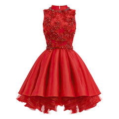 Red, hi-lo, sleeveless dress with beaded lace bodice