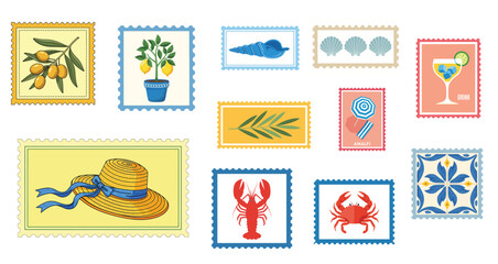 A vibrant assortment of stylized postage stamps featuring Italian summer vacation imagery like olives, lemons, seashells, and beach scenes.