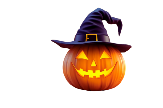 A smiling jack-o'-lantern wearing a witch's hat, embodying the festive, spooky spirit of Halloween and autumn celebrations. Perfect for holiday designs - Powered by Adobe