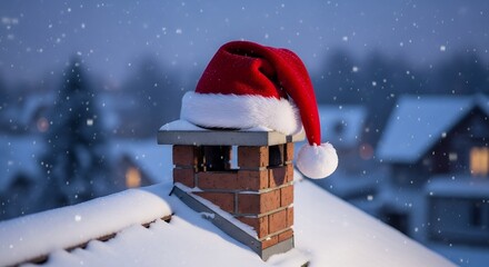 Red Santa Hat on Brick Chimney Covered in Snow During Winter Evening