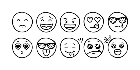 Hand Drawn Doodle Emoji Faces White Background cartoon