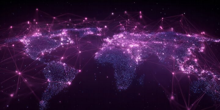 Global network of light points connects continents in outer space.