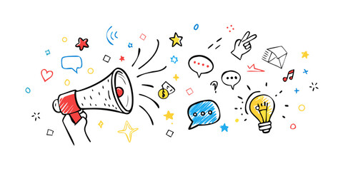 Hand drawn doodle style megaphone with lightbulb and speech bubbles