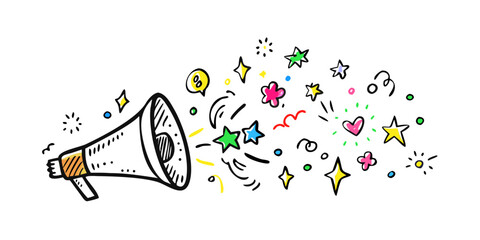 Naklejka premium Hand drawn megaphone with colorful confetti and stars