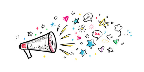 Hand drawn megaphone with colorful abstract shapes 1