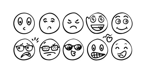 Hand drawn smiley faces icons black line vector doodle