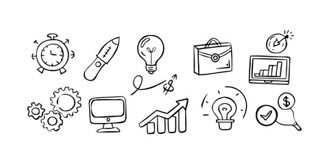 Office symbols in black line art with transparent background