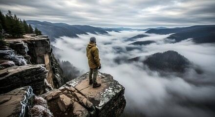 A lone adventurer stands on a rugged cliff edge, gazing across a breathtaking, fog-filled mountain valley under an overcast sky.