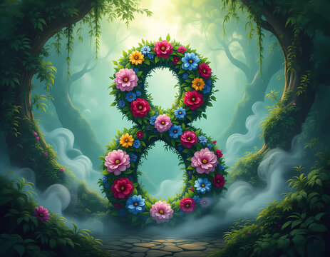 A fantastical number "8" formed from a dense arrangement of colorful flowers and green foliage, emerging from mist in a dreamy, enchanted forest scene with ethereal lighting.