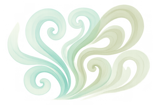 Abstract watercolor swirling waves illustration with decorative flowing green and teal brushstrokes on transparent background
