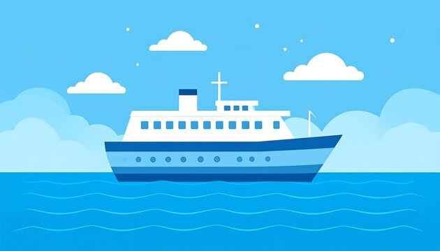 Serene Ferry Boat Illustration on Calm Blue Waters with Cloudy Sky. - Powered by Adobe