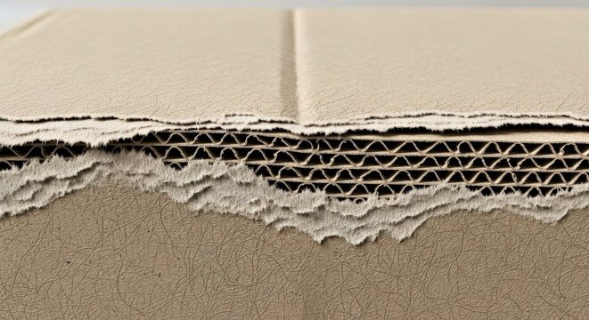 Close up of Corrugated Cardboard With Ripped Surface Texture on Neutral Background