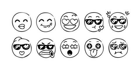 Ten cartoon emoji faces with transparent background