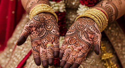 Decorative Hands with Intricate Henna Designs Wearing Gold Bangles and Rings in Traditional Indian Wedding Attire
